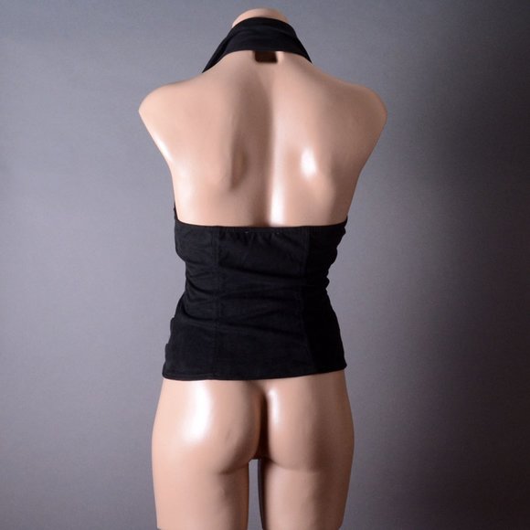 Black Halter Womens Moto Biker Punk Motorcycle Buckle Steampunk Vest Top Shirt - Picture 8 of 8